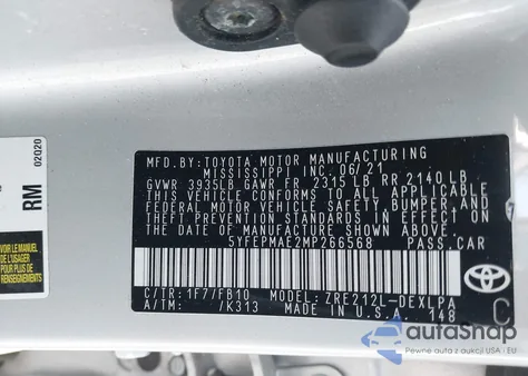 2021 Toyota Corolla Le из США, поврежденный, VIN 5YFEPMAE2MP266568